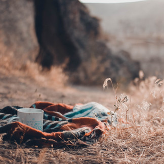 Outdoor picnic setup with a blanket and coffee mug on the rocky terrain of Mount Gilboa.