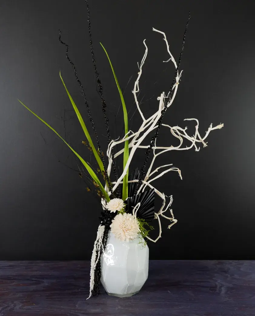 Preserved botanical arrangement with dark and light contrast — by bloombudz in Paragould, AR