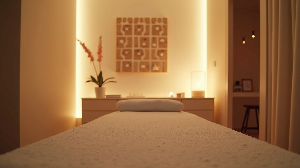 Eye-level view of a tranquil massage room with soft lighting and calming decor