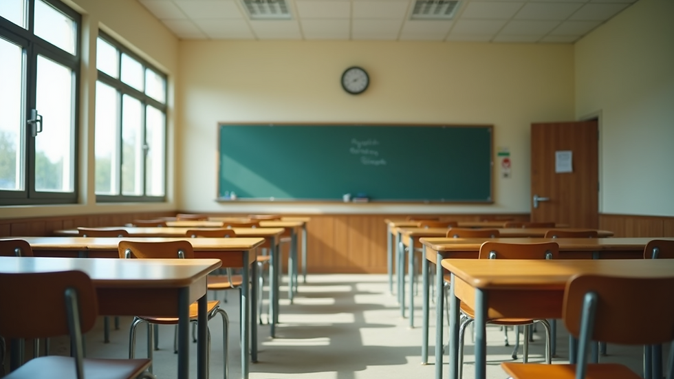 Wide angle view of a tranquil empty classroom