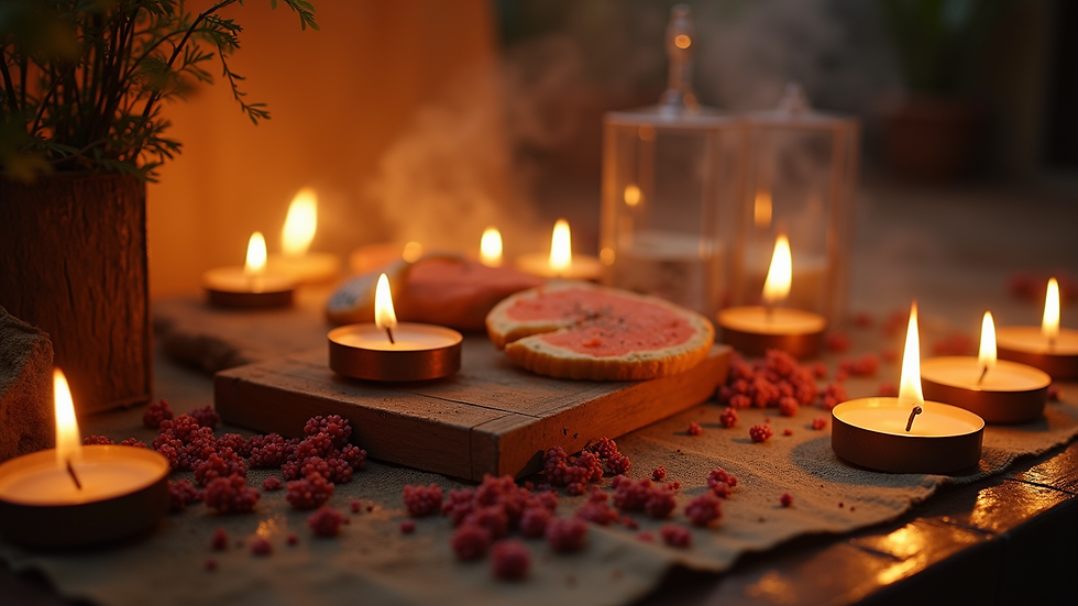 Vista a nivel de altar con elementos ritualísticos para amarre