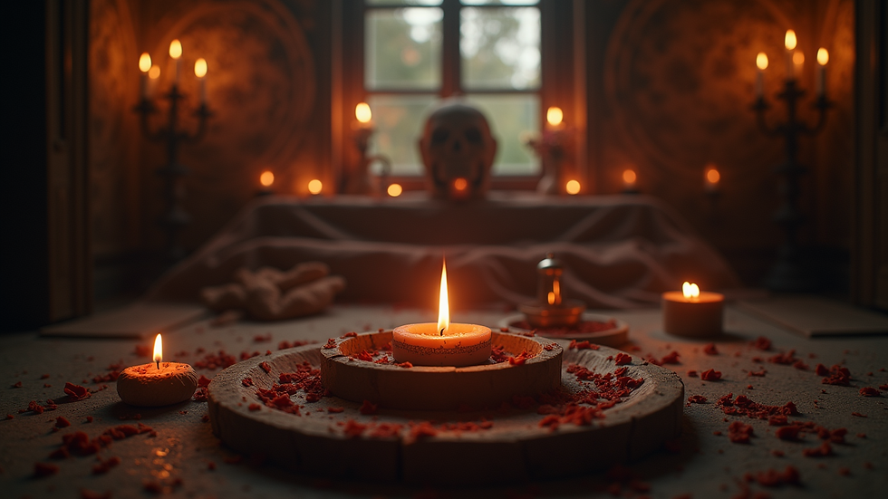 Vista a nivel de ojo de un altar con velas negras y objetos rituales para amarres