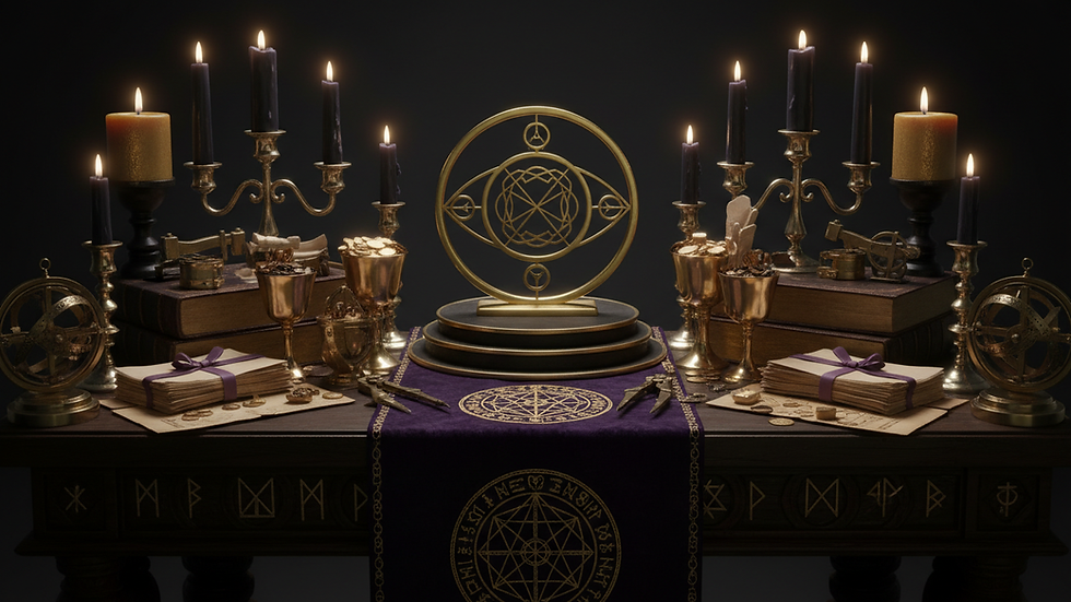 Vista a nivel de ojo de un altar con velas y símbolos de prosperidad