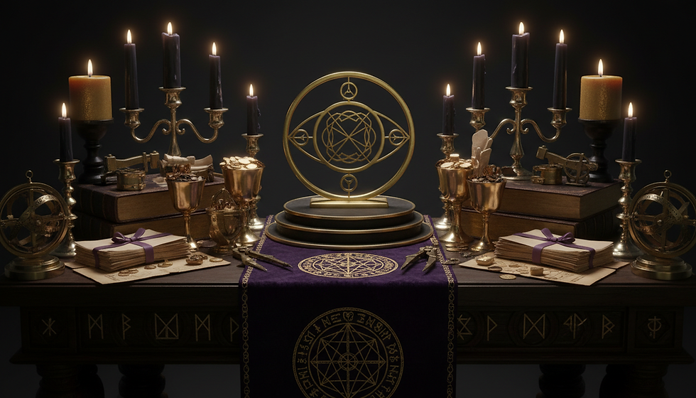 "Vista a nivel de ojo de un altar ritual con velas encendidas y símbolos de prosperidad para ejecutar brujeria y hechiceria dinero"