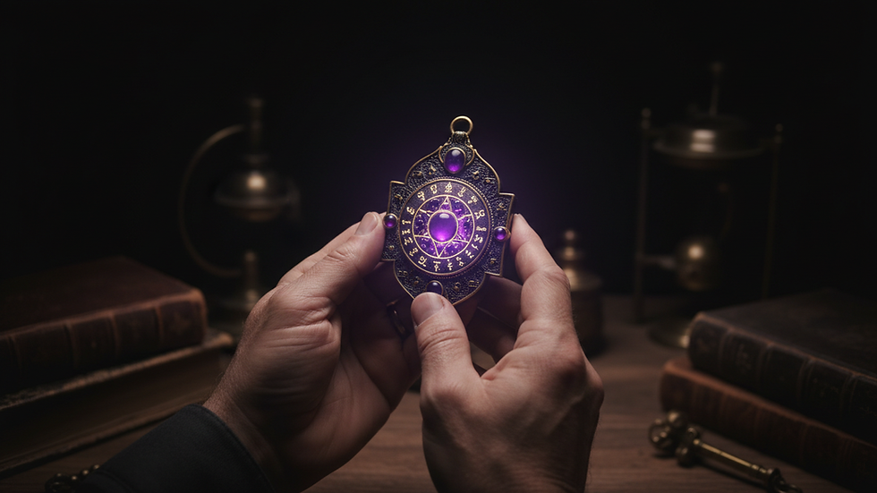 Plano cerrado de manos sosteniendo un amuleto ritual sobre un fondo oscuro