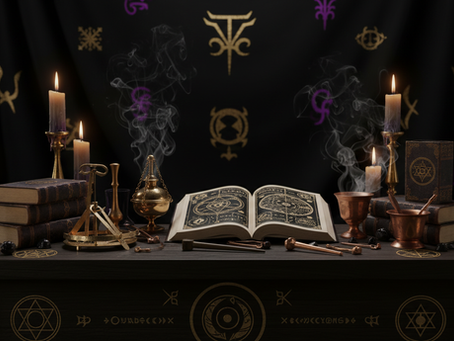 "Vista a nivel de ojo de un altar místico con velas encendidas y elementos para la ejecución de brujería para dominar a distancia"
