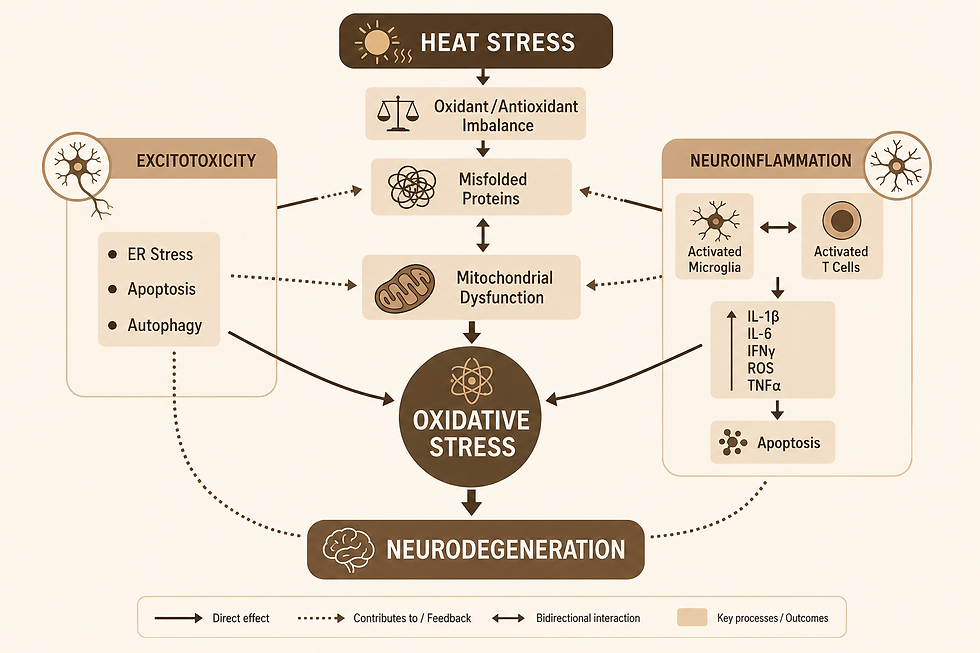 Figure 2. Schematic showing the direct and indirect effects of heat stress on the brain. Heat stress, excitotoxicity, and neuroinflammation disrupt key neurological processes which lead to oxidative stress and ultimately neurodegeneration. Figure based off of Bongioanni et al