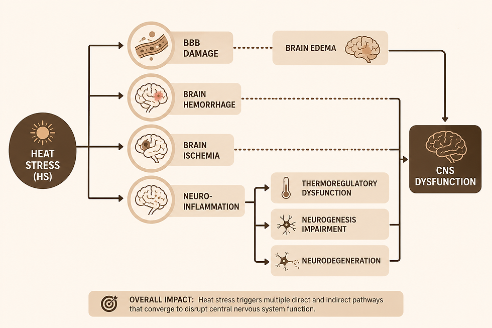 Figure 3. Schematic showing the direct and indirect effects of heat stress on central nervous system processes and impairment. Figure based off of Walter & Carraretto