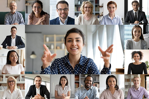Webcam laptop screen view many faces of diverse people involved in group videoconference o