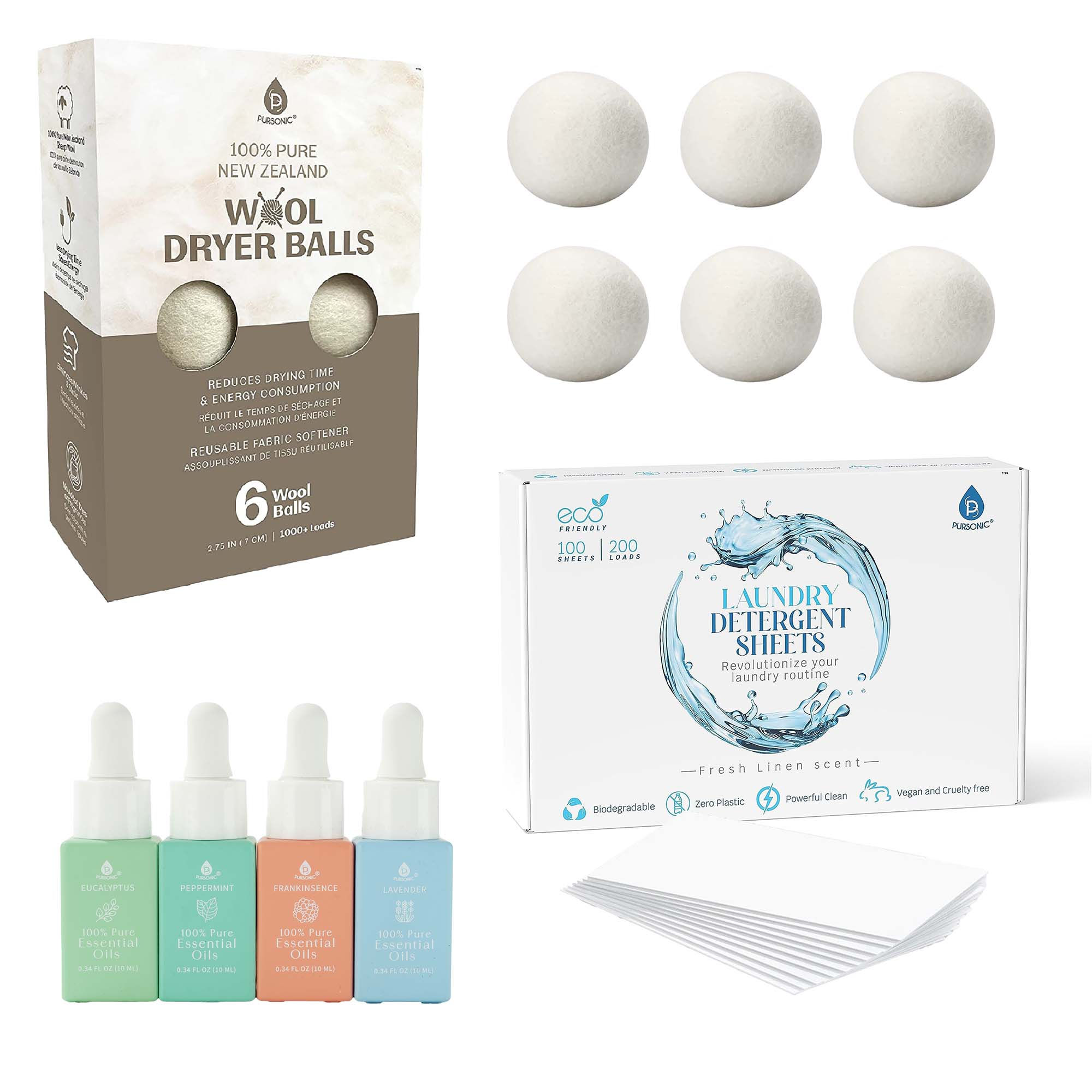 Laundry & Wellness Bundle – Detergent Sheets, Wool Dryer Balls & Essential oil