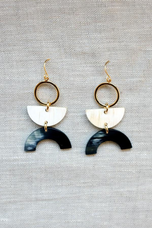 Thumbnail: Vui Mung II Geo Buffalo Horn Drop Earrings, Natural Material Jewelry