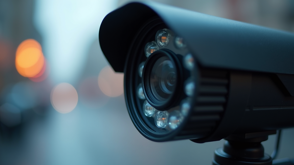 Close-up view of a security camera lens with a blurred background