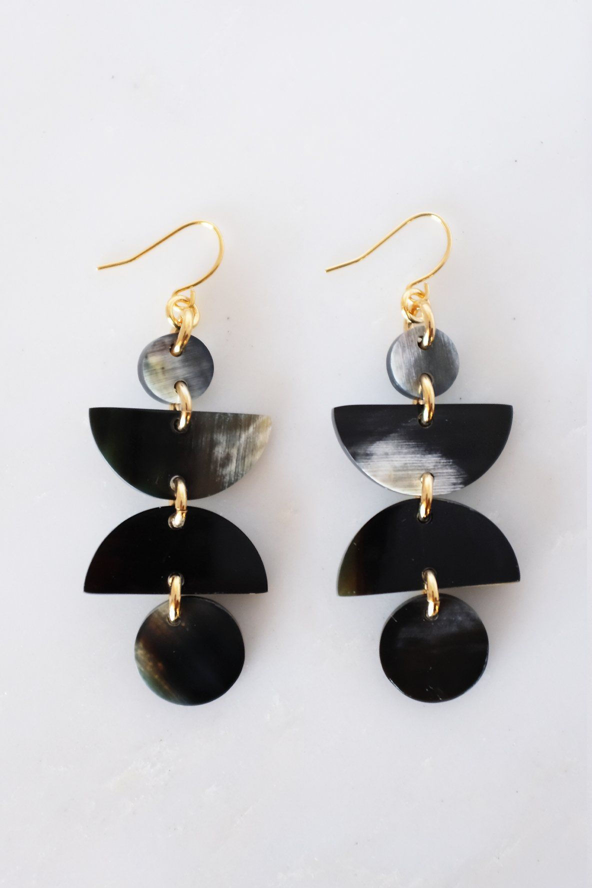 Ha Giang Buffalo Horn Dangle 16k Gold Earrings, Handmade Geometric Drop Earrings