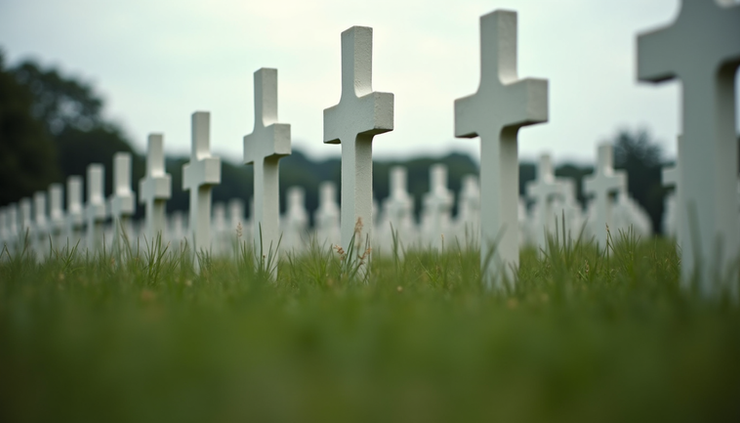 Eye-level view of the Somme battlefield memorial site with rows of white crosses