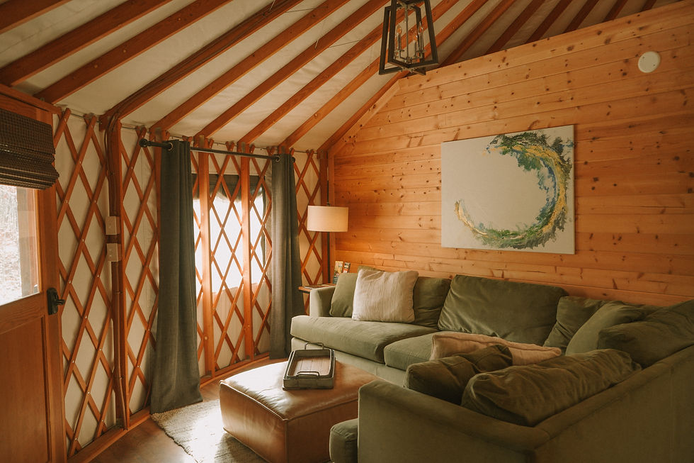 Cozy interior of a luxury yurt at Sky Ridge Yurts in Bryson City, NC featuring warm wood accents, natural light, and a green sofa.