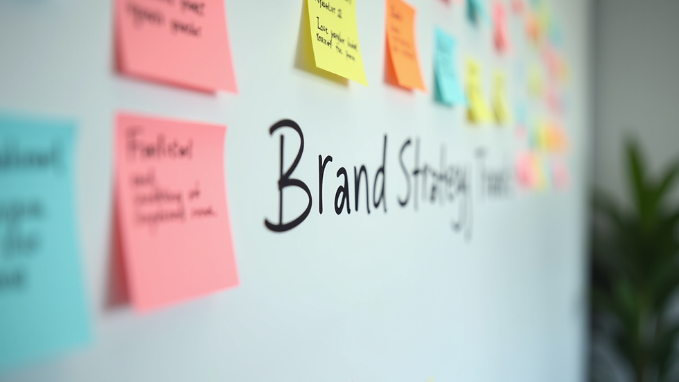 Close-up view of a whiteboard with brand strategy notes and colorful sticky notes