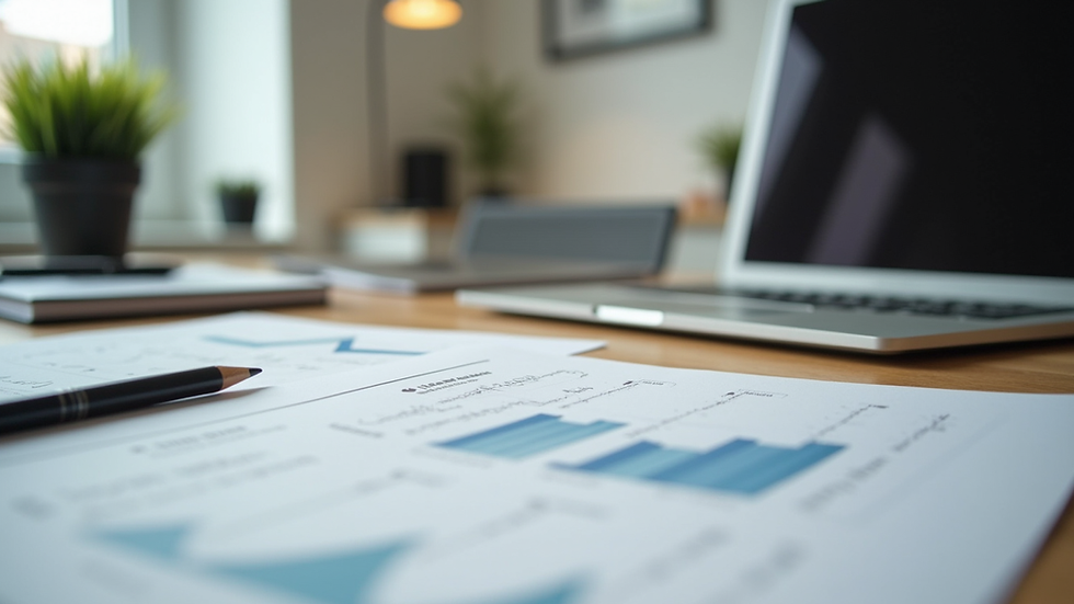 Eye-level view of a modern office workspace with marketing strategy documents