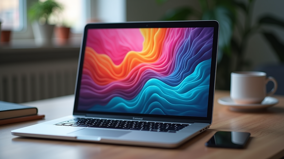 Close-up of a laptop with a colourful Canva design on screen