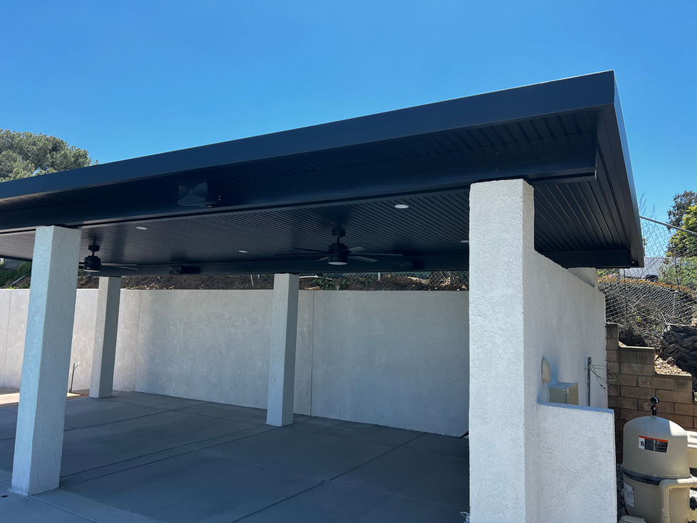black roof white pilasters aluminum patio cover