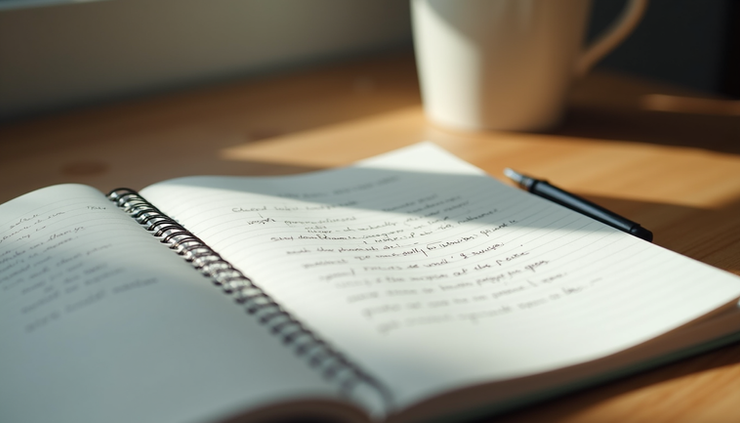 Eye-level view of an open notebook with handwritten notes and a pen on a wooden desk
