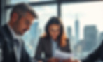 Close-up of financial advisors working on investment documents with a city skyline through
