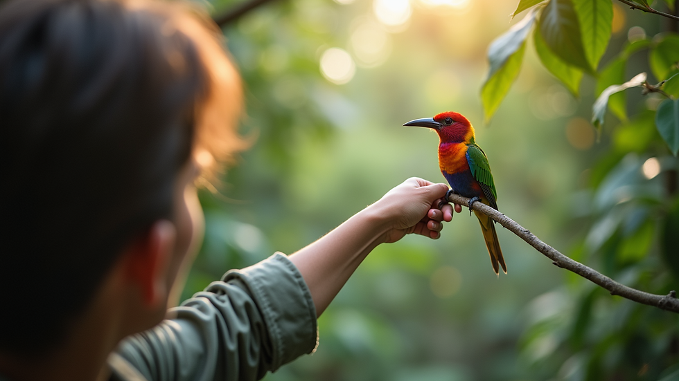 Close-up view of a guide pointing to a colorful bird in the canopy