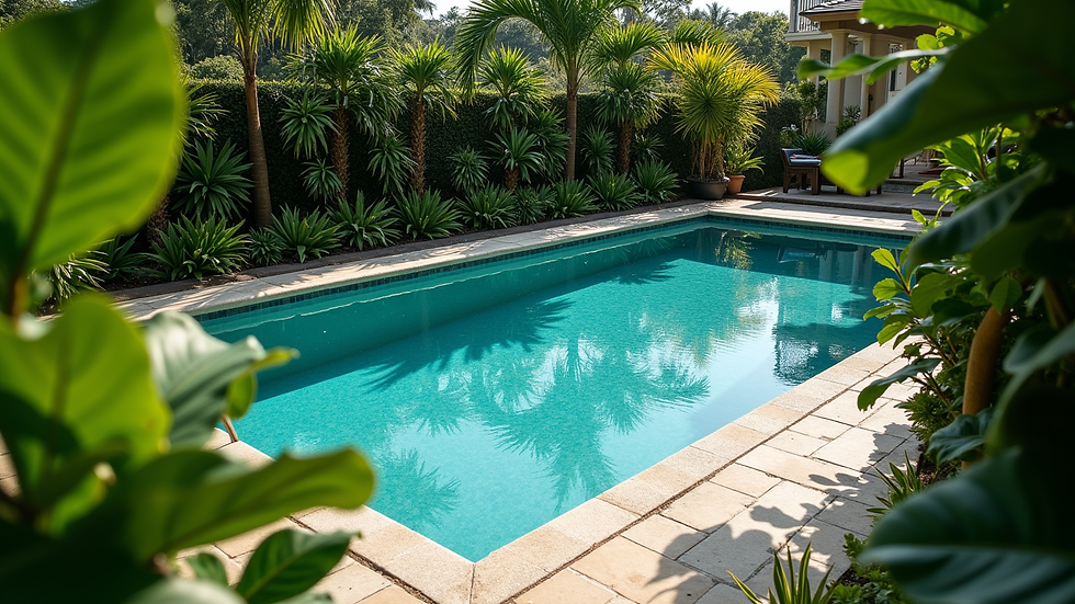 High angle view of a private pool surrounded by tropical plants