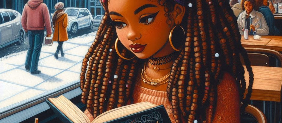 Black woman reads Black STEM Romance book by cafe window