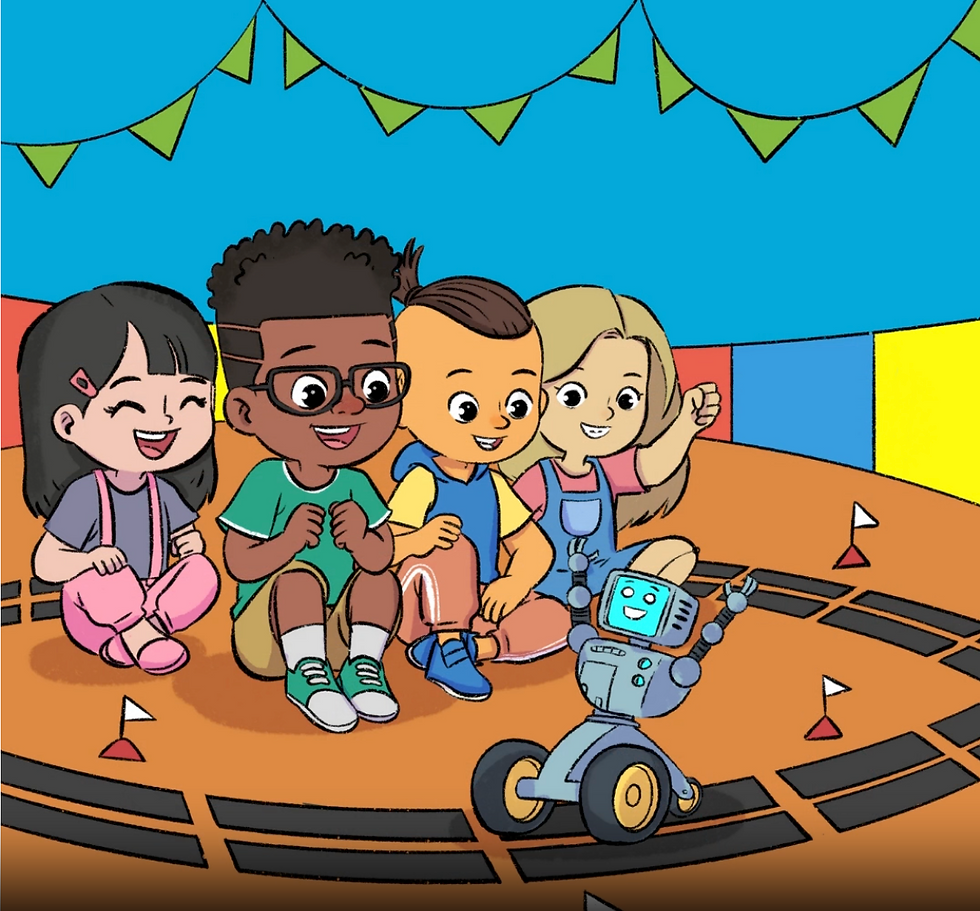 Raheem and Friends watch Astro move around on a line track