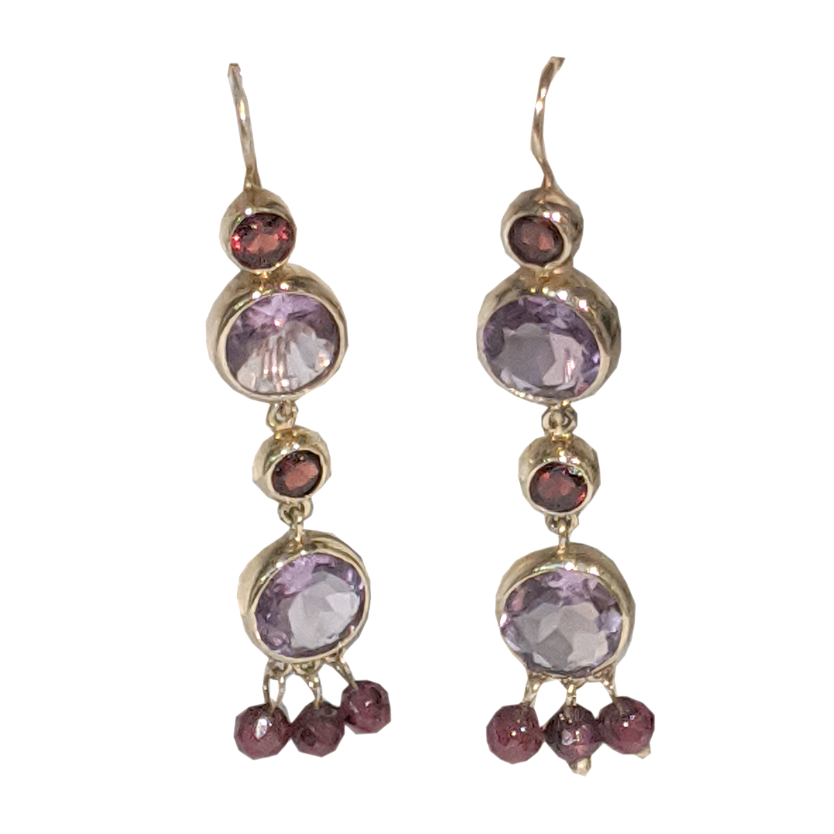 14K Yellow Gold Amethyst & Garnet Drop Earrings