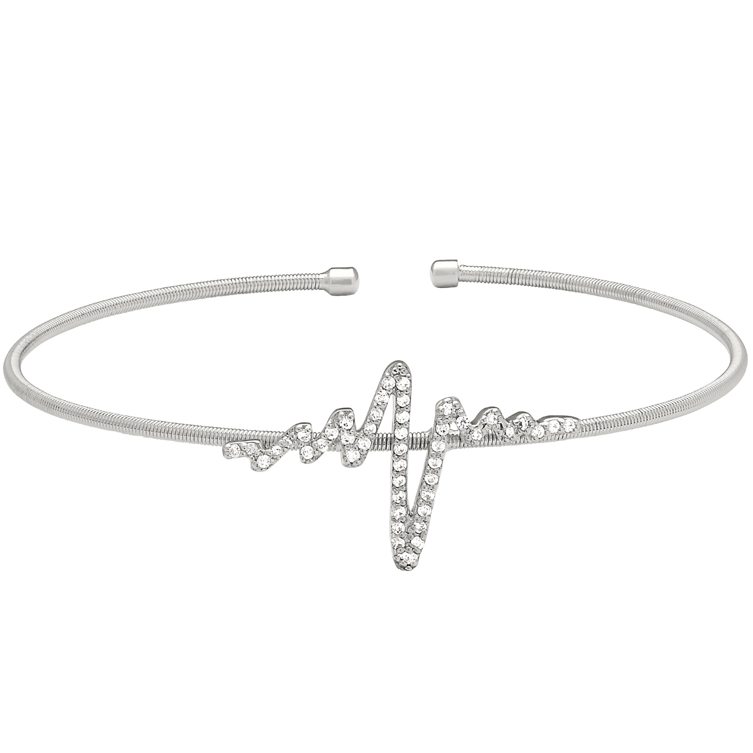Sterling Silver Rhodium Finish Heartbeat Cuff Bracelet