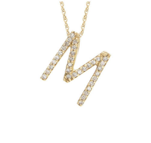 14K Yellow Gold Letter M Diamond Block Initial Necklace