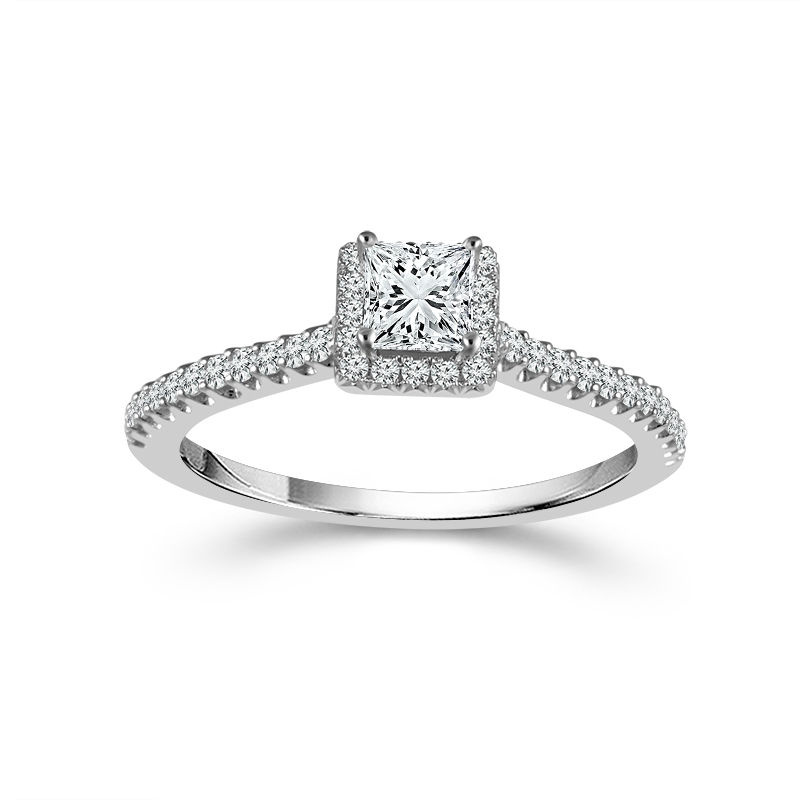 14K White Gold Princess Diamond Engagement Ring with Halo