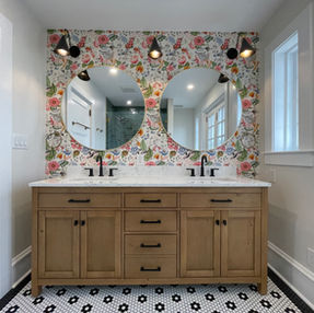 old house renovation, plaster and lath, nob and tube wiring, vintage, vintage charm, hex tile, wallpaper, custom trim, 1930s brick colonial, tile boarder, black and white tile, subway tile, remodel, wall removal