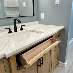 Primary Bath, custom cabinets, custom vanities, linen cabinet, linen closet, bath remodel, custom maple cabinets, dovetailed drawers, custom tile niche, tile shower, rain shower