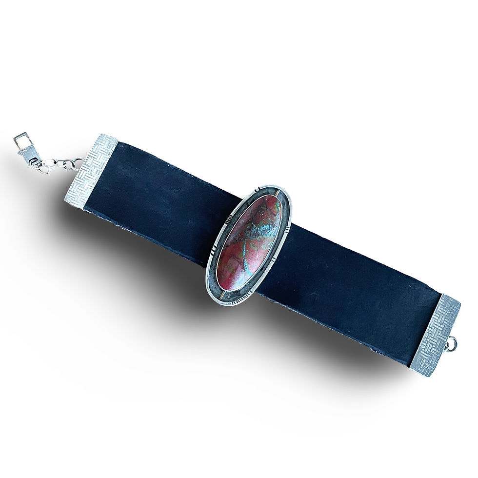 Thumbnail: Sonoran Sunrise Jasper, Sterling Silver and Leather, Unisex Cuff