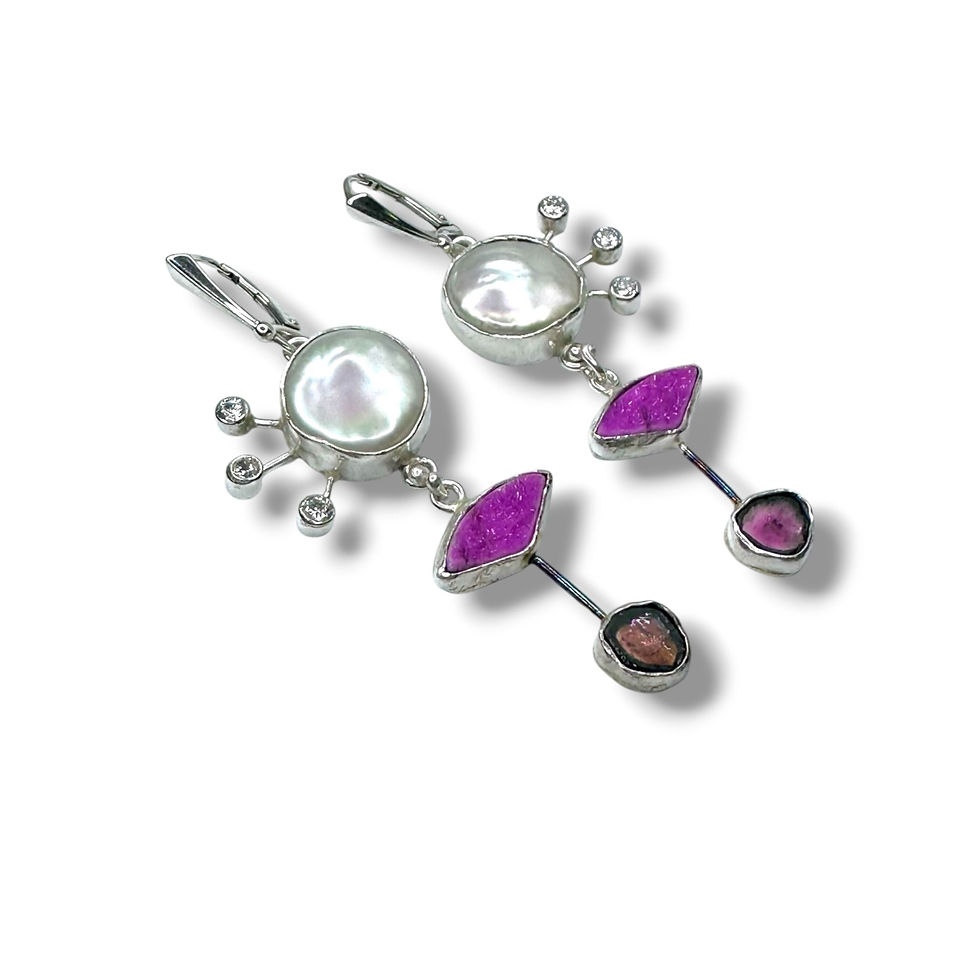 Thumbnail: Coin Pearl, Cobalto Calcite & Watermelon Tourmaline Dangle Earrings