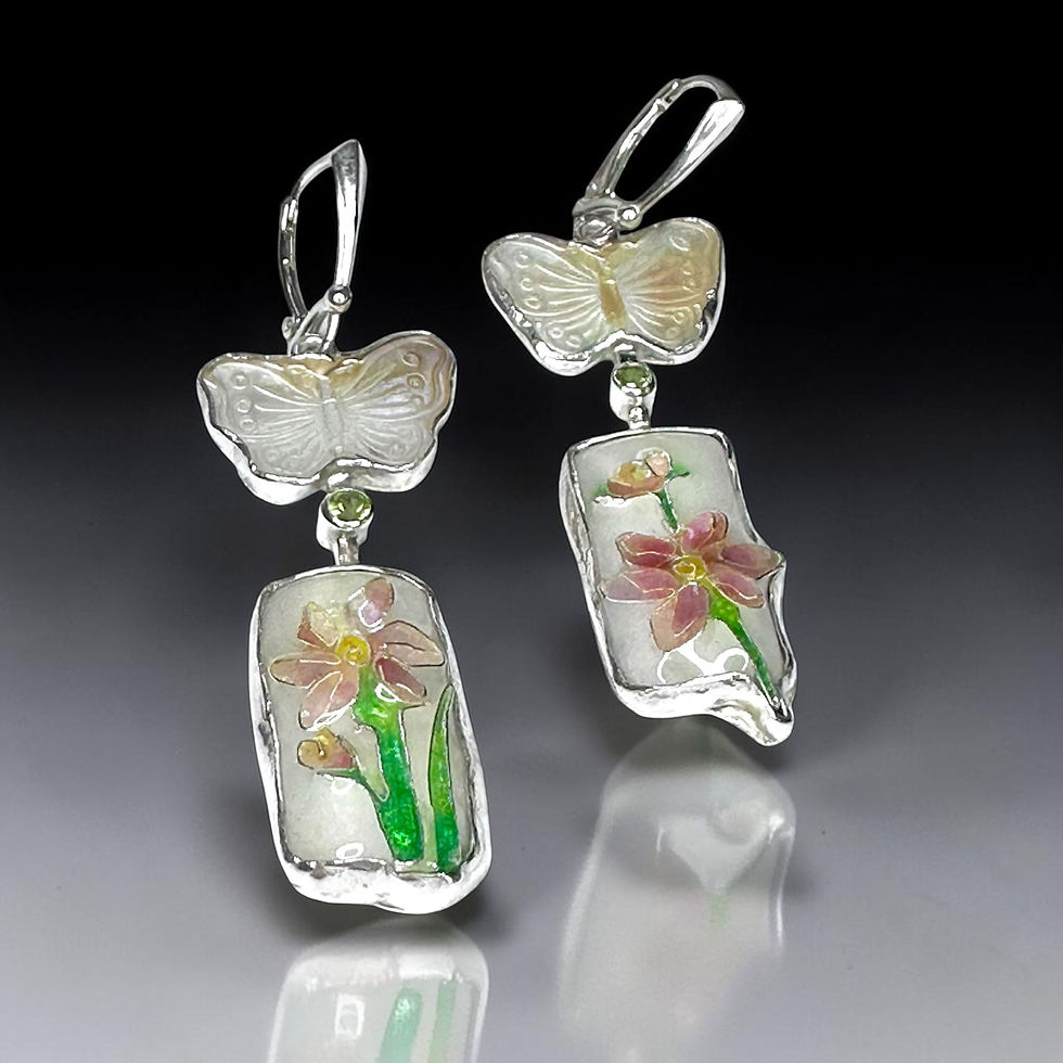 Thumbnail: Cloisonné Clematis & Carved Mother of Pearl Butterfly Earrings