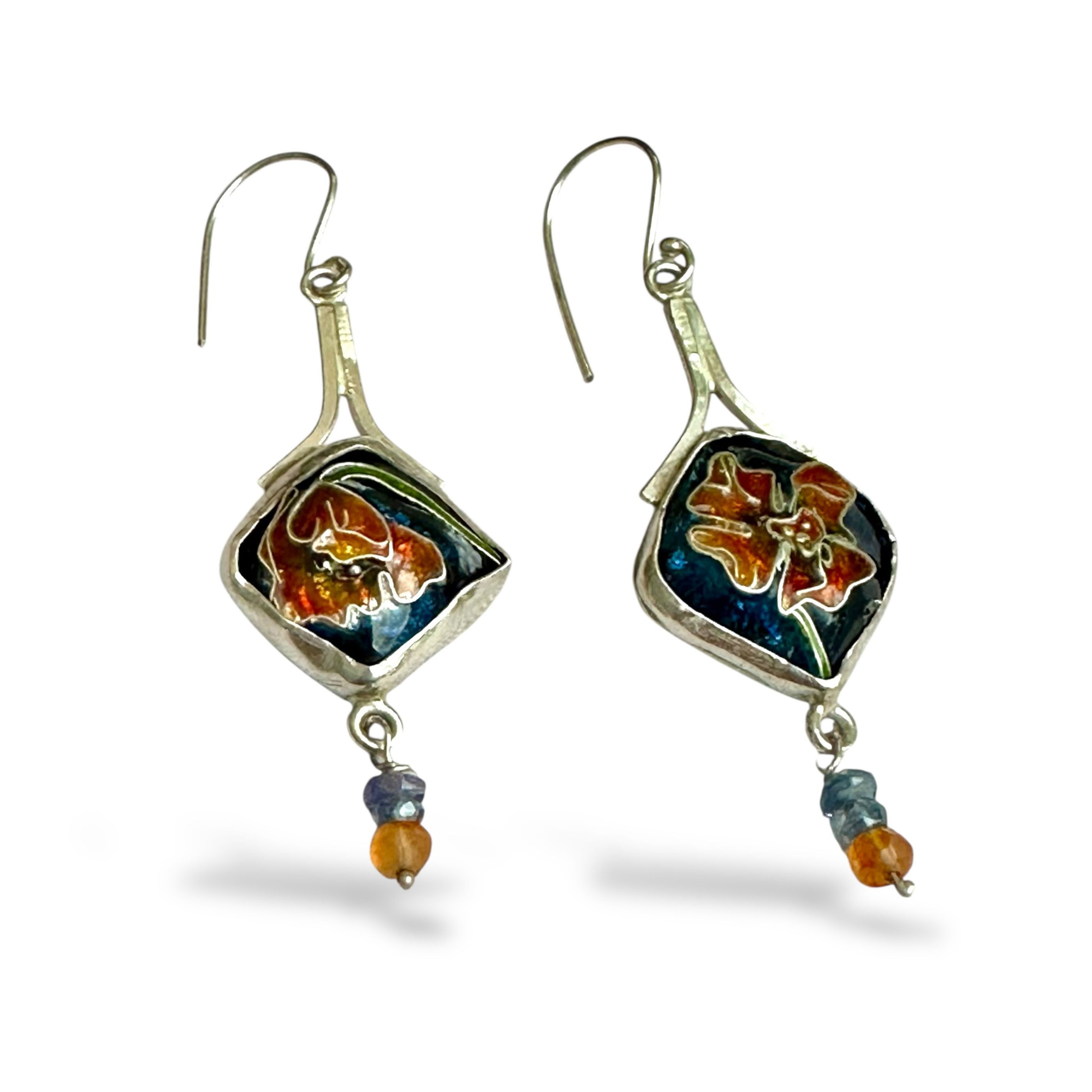 Dangle Cloisonné Asymmetrical Poppy Earrings