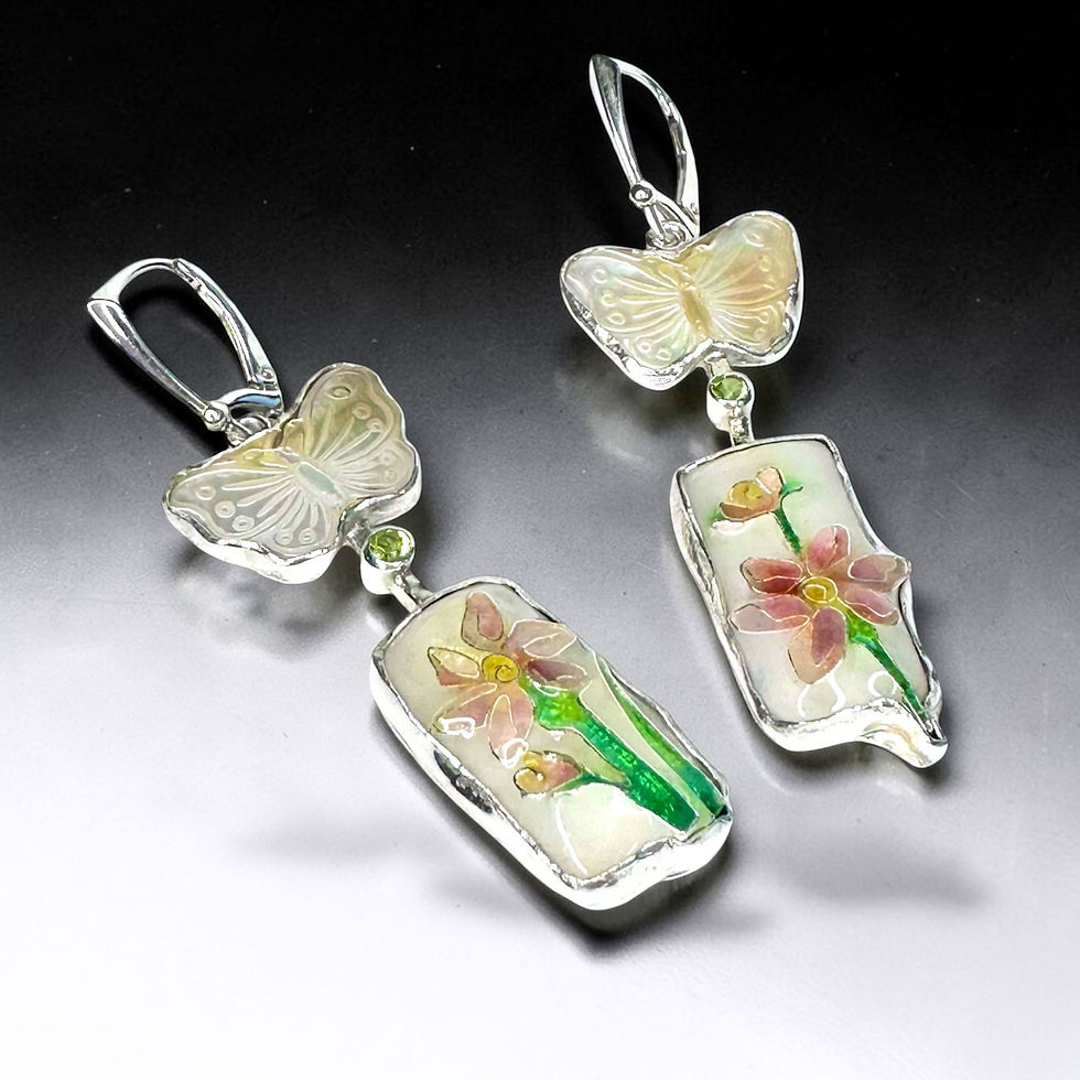 Thumbnail: Cloisonné Clematis & Carved Mother of Pearl Butterfly Earrings