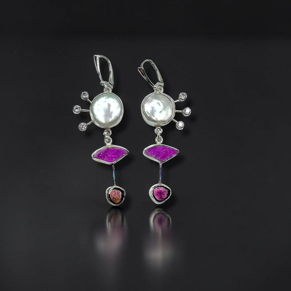 Thumbnail: Coin Pearl, Cobalto Calcite & Watermelon Tourmaline Dangle Earrings