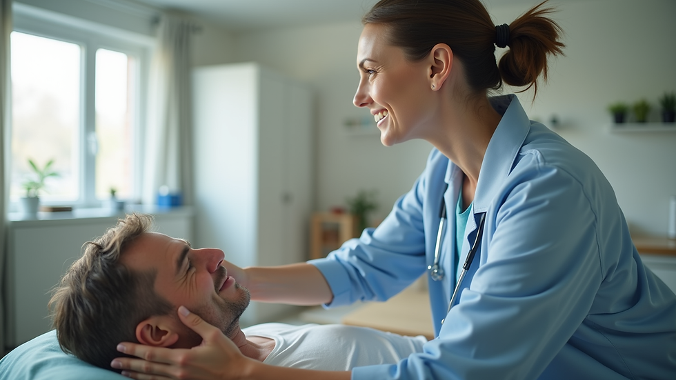Eye-level view of a physiotherapist guiding a patient through breathing exercises