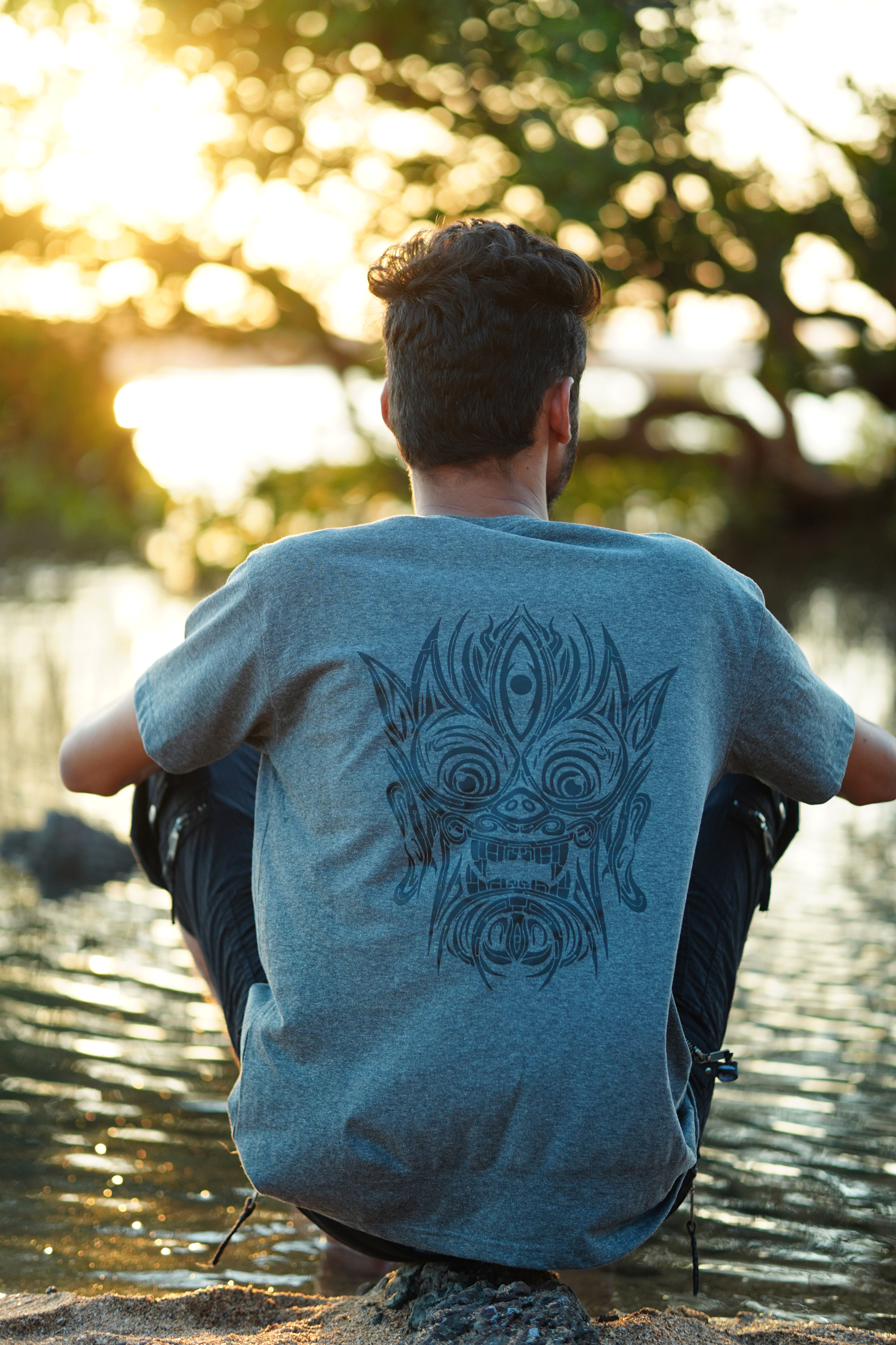 ATMAN-SPHERE | Men's Grey Cotton T-shirt | Tribal Face Tattoo Print Graphic Tees