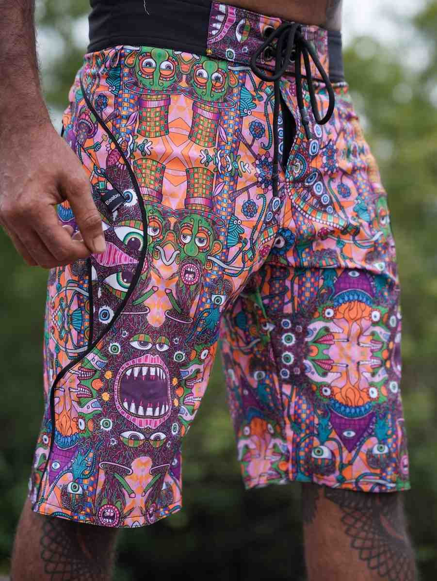 Close view of the art on the Psychedelic Art Printed Swim Shorts