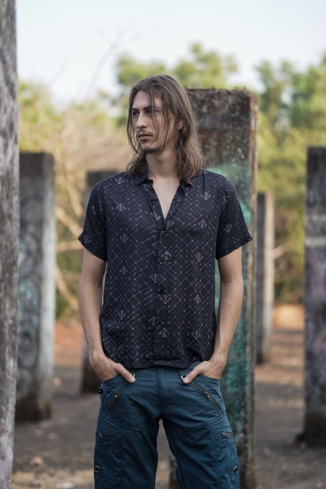 Straight front view of light weight bamboo shirt