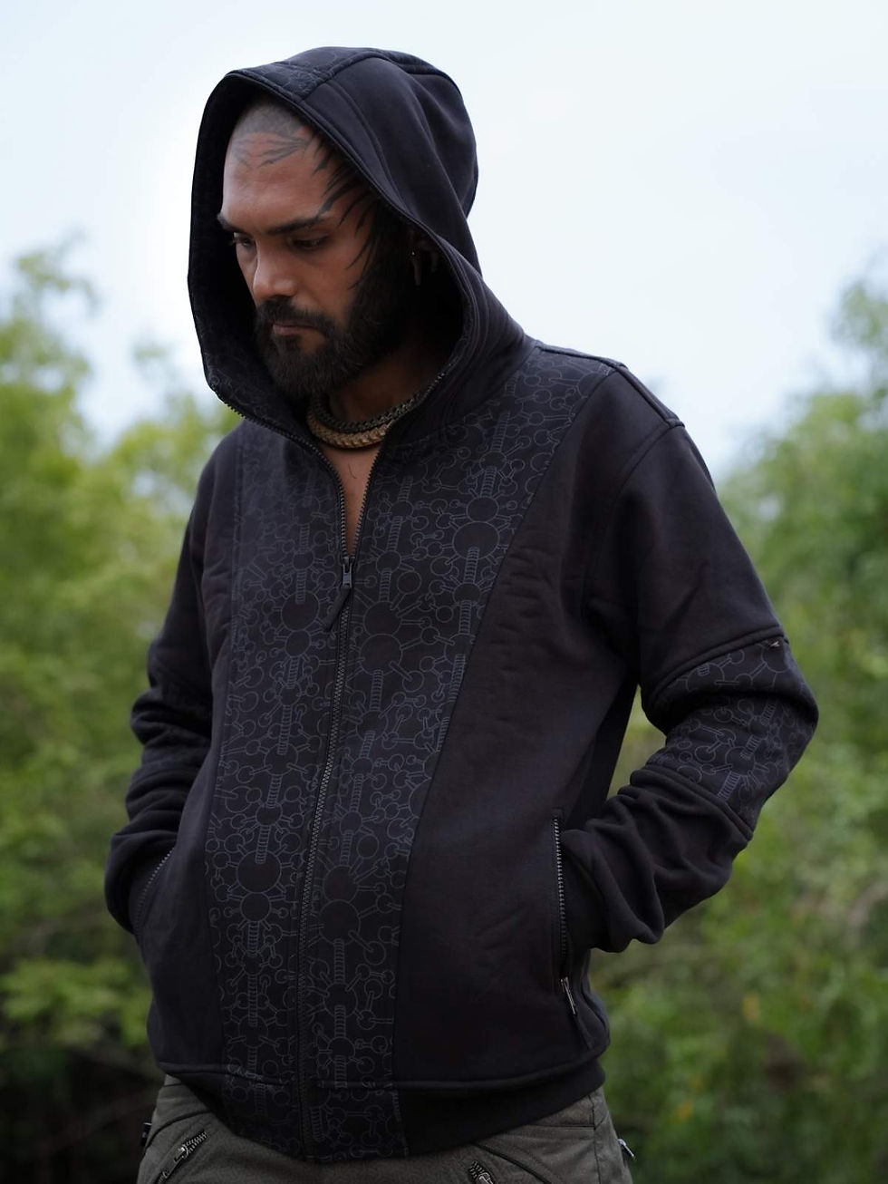 Straight view of the black psychedelic art wear hoodie