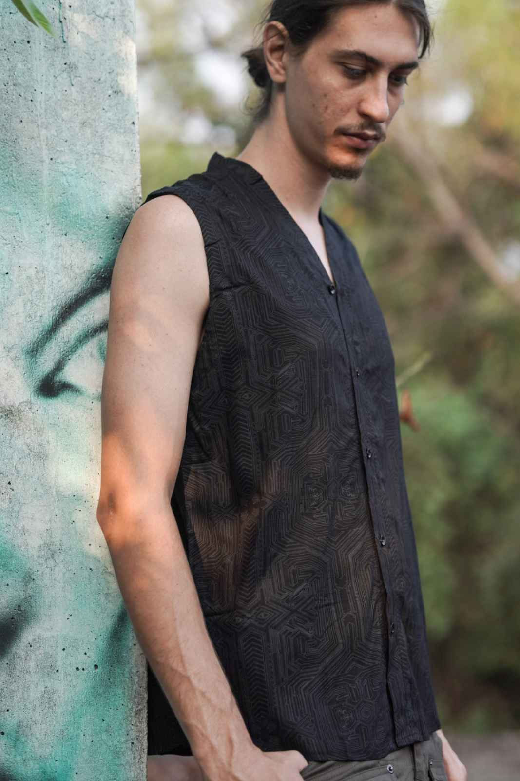 Front left angle view of the viscose art wear shirt