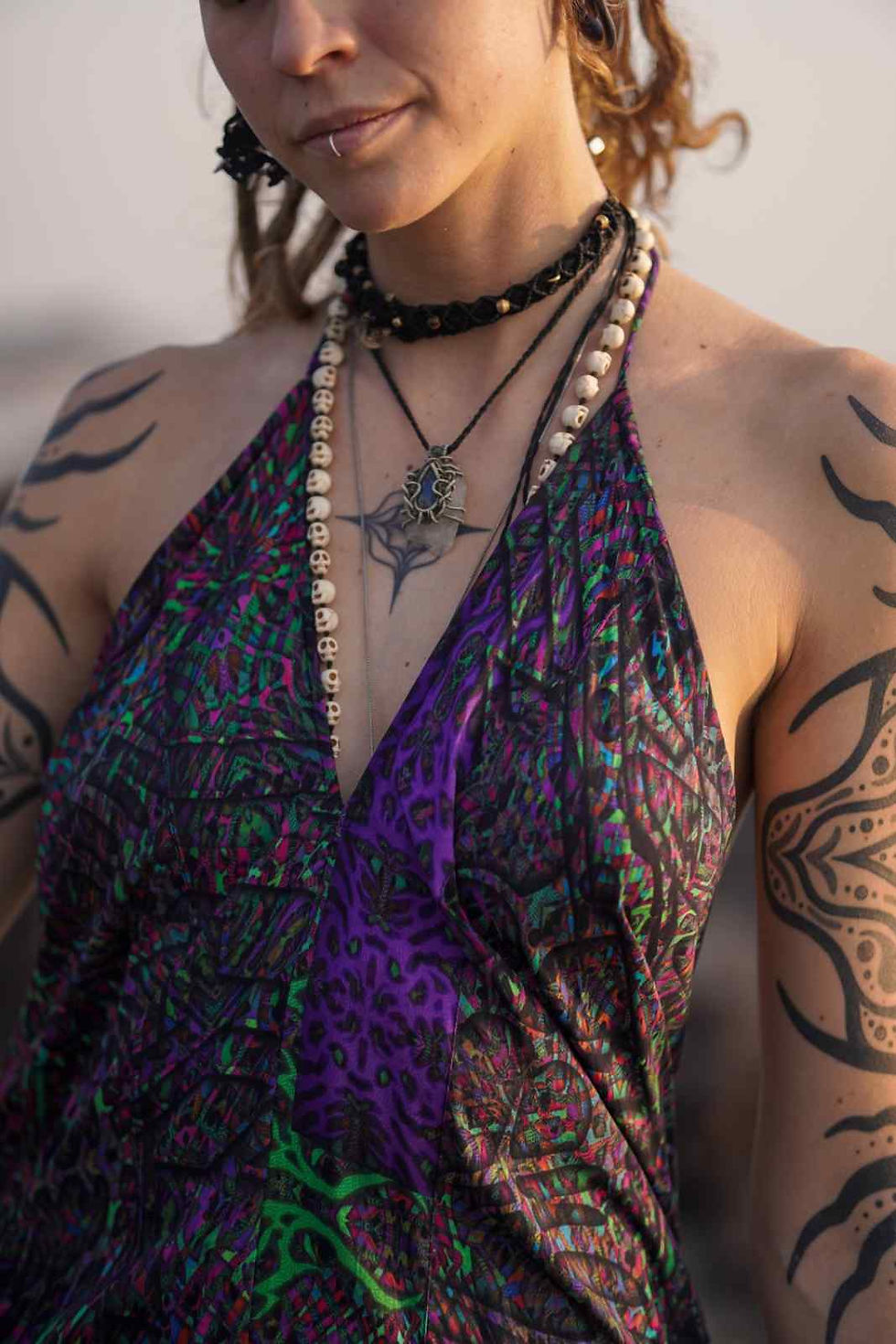 Thumbnail: Close up straight front view of the summer women's gypsy dress