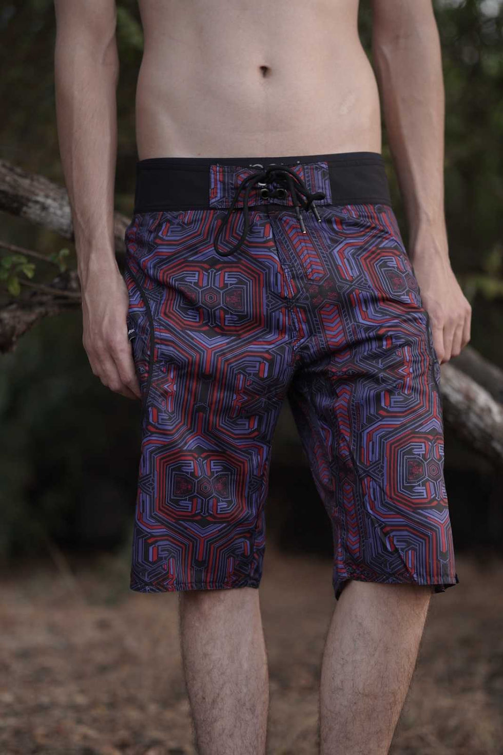 Straight front view of art wear board shorts