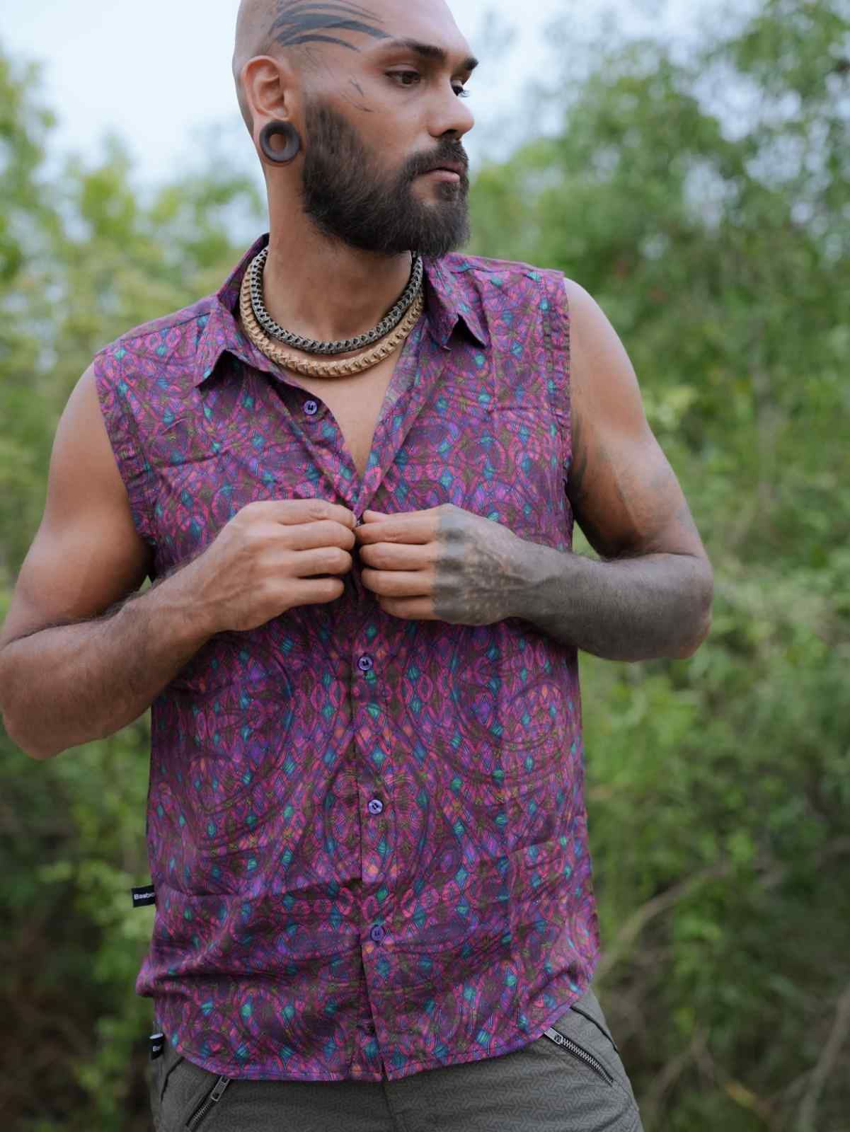 Straight front view of Psychedelic Art Wear Sleeveless Bamboo Shirt
